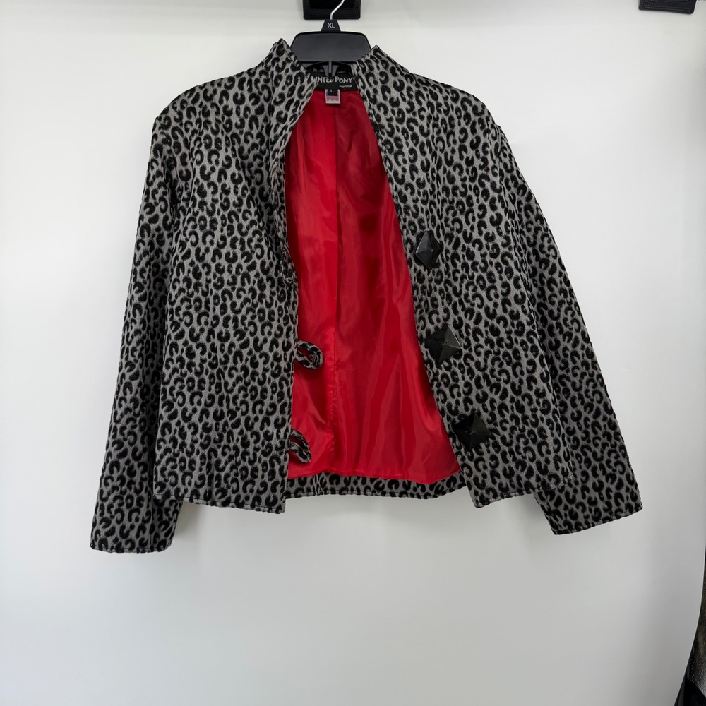 Painted Pony Leopard Print Jacket Grey Black Red Lining Art‎ Wear Womens Large